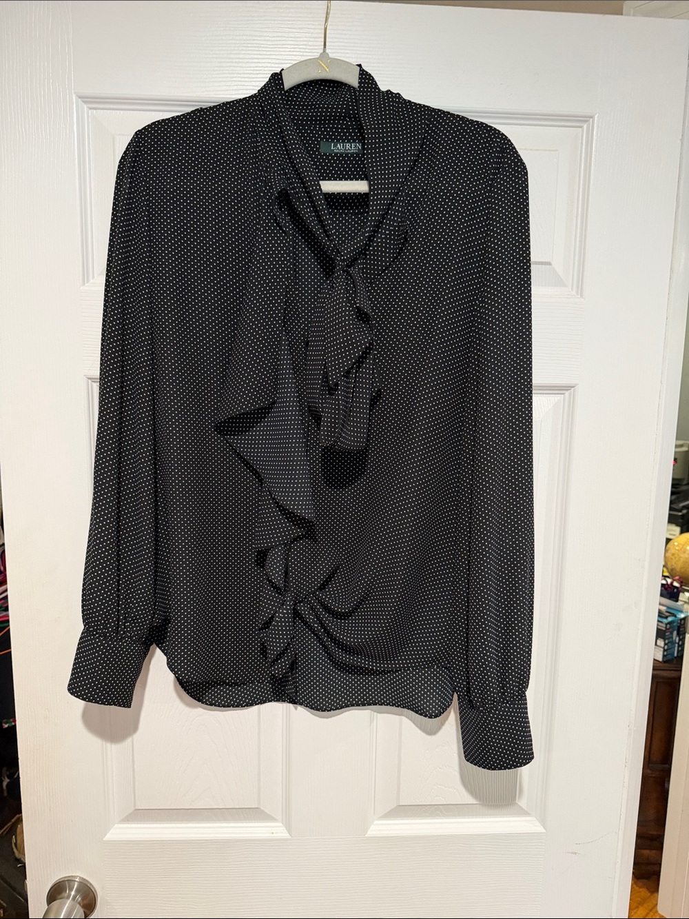Lauren by Ralph Lauren Black Dot Ruffle Tie-Neck Blouse